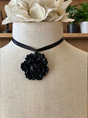 Vintage 80s Black Floral Statement Choker Necklace - Double Sided Satin Ribbons